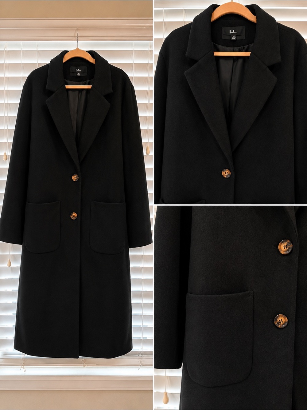 Lulu's Black Single-Breasted Wool-Blend Long Trench Coat